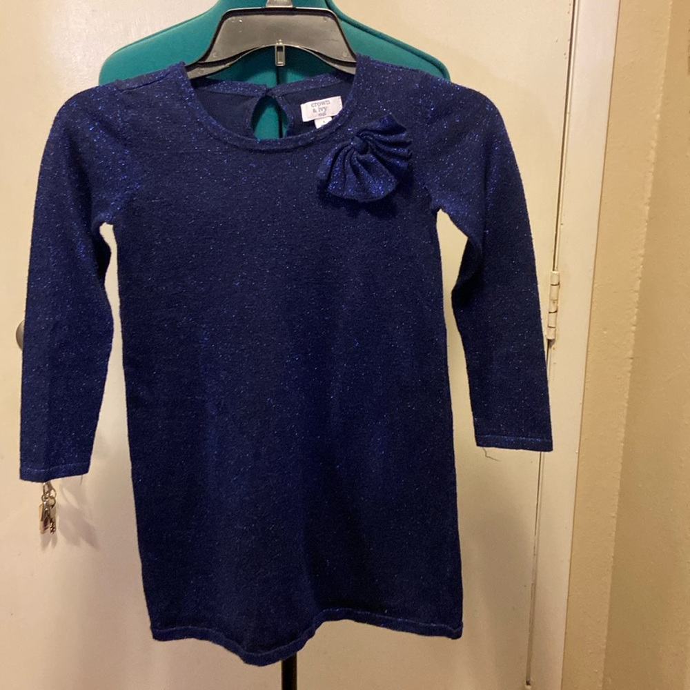 Crown & Ivy Kids Sparkling Blue Dress w/Bow & Leg no Sleeves Sm